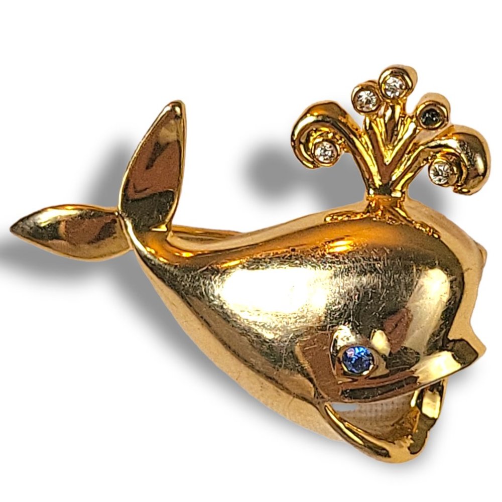 GERRY Signed Vintage Whale Brooch Gold Tone Blue Stone